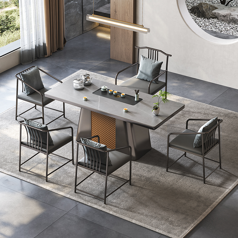 阿玛尼灰哑光岩板镶乌金石茶盘茶台办公桌洽谈室茶桌子茶具电磁炉