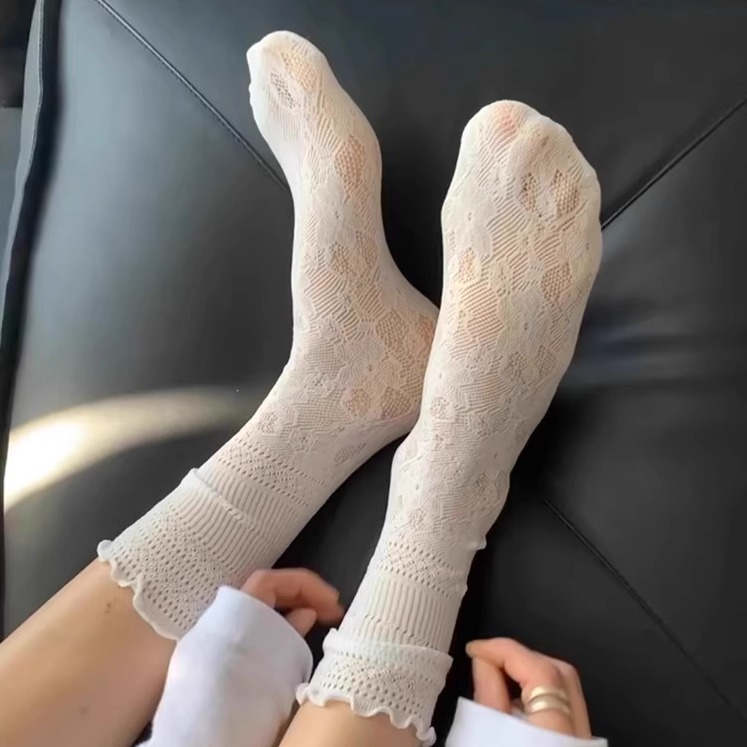 白色镂空蕾丝堆堆袜子女芭蕾风夏季薄款中筒花边jk长袜配玛丽珍袜