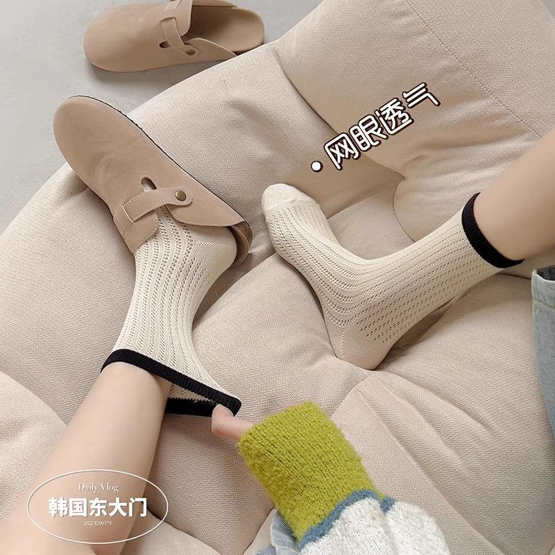 拼色镂空中筒袜夏季薄款