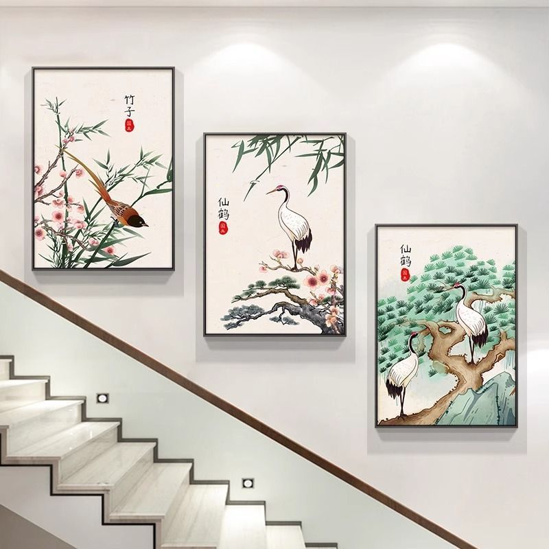 楼梯楼道楼梯间装饰画新中式花鸟荷花复式楼壁画三联客厅过道挂画图片