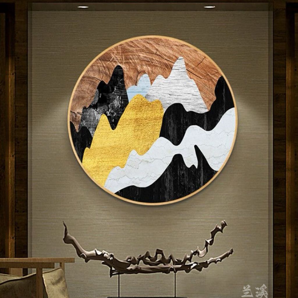 几何抽象挂画金箔圆形装饰画实木圆框画走廊过道玄关图片