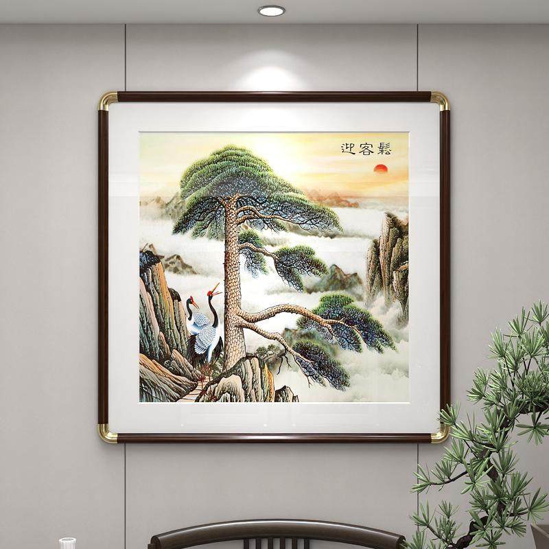 迎客松装饰画铜角框山水画靠山国画中式客厅背景墙壁画办公室挂画