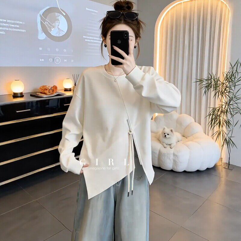 大码女装不规则圆领卫衣2026早春胖mm宽松显瘦遮肉百搭设计感上衣