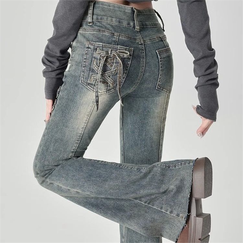 拉夏贝尔复古蓝微喇牛仔裤女春季2026新款蝴蝶结高腰喇叭马蹄裤子