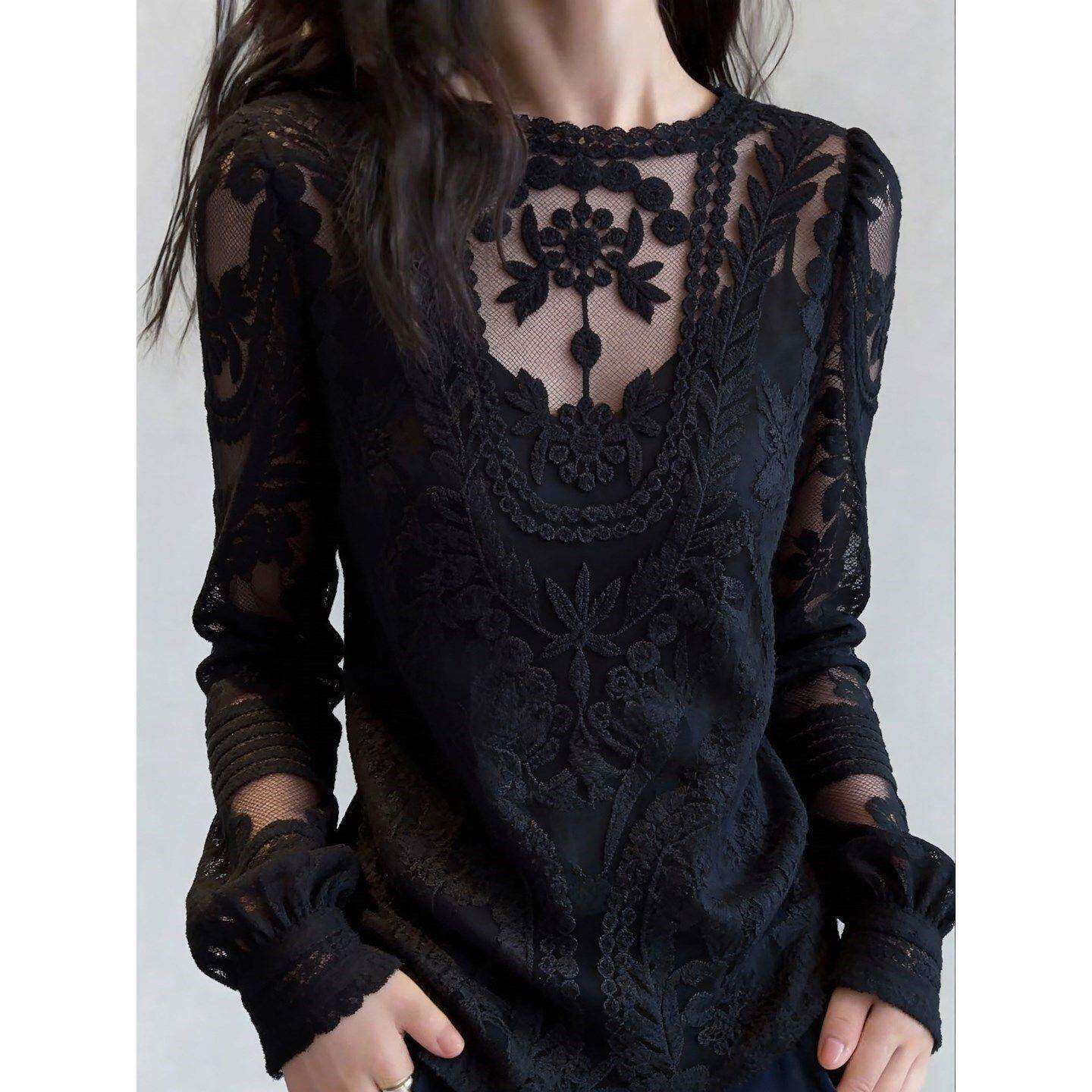 2026春新品黑色蕾丝上衣女纯欲轻熟风减龄百搭洋派长袖修身打底衫