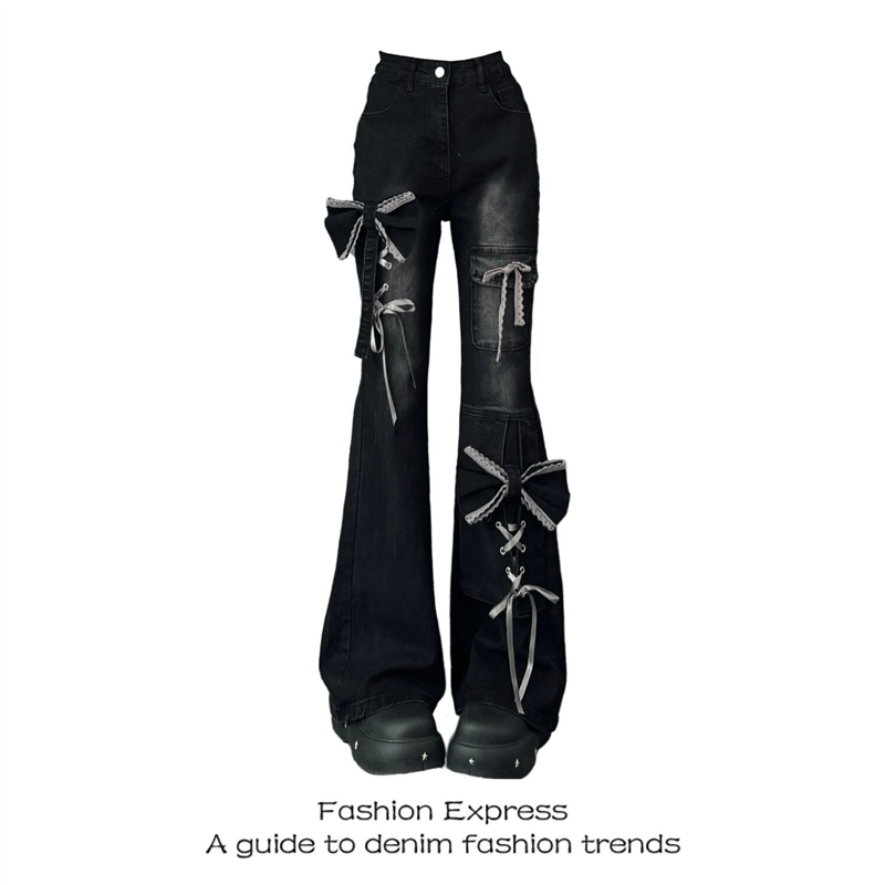 黑色微喇牛仔裤女2026冬季新款蝴蝶结绑带辣妹修身休闲设计感裤子