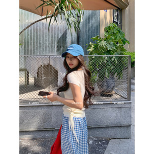 LISOOO 双版本 绞花肌理感针织短袖女夏薄款抽绳收腰圆领上衣