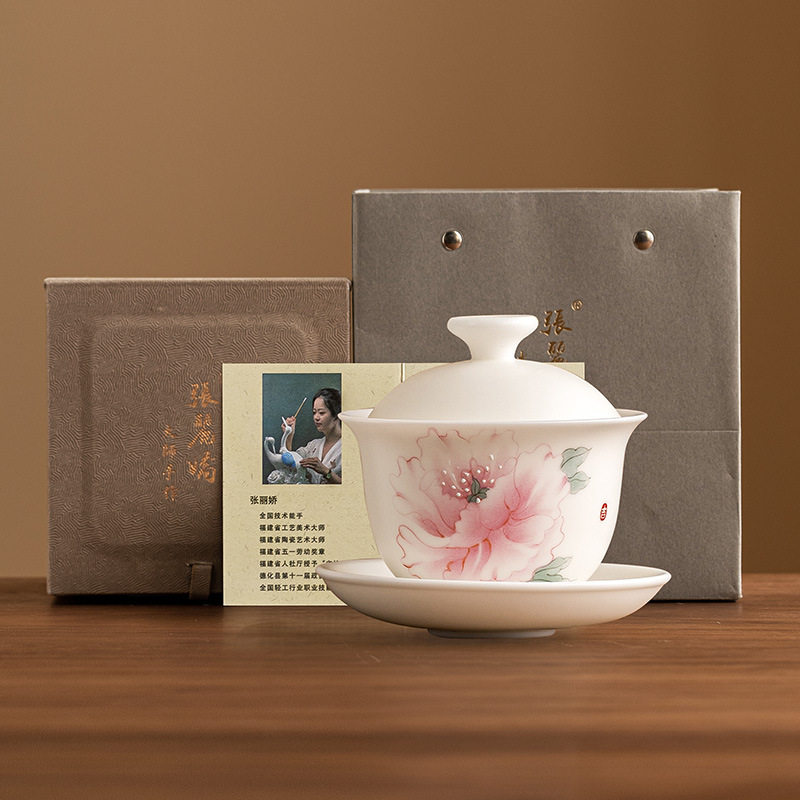 厂家张丽娇大师素烧羊脂玉瓷三才盖碗单个陶瓷茶具女高颜值泡茶碗