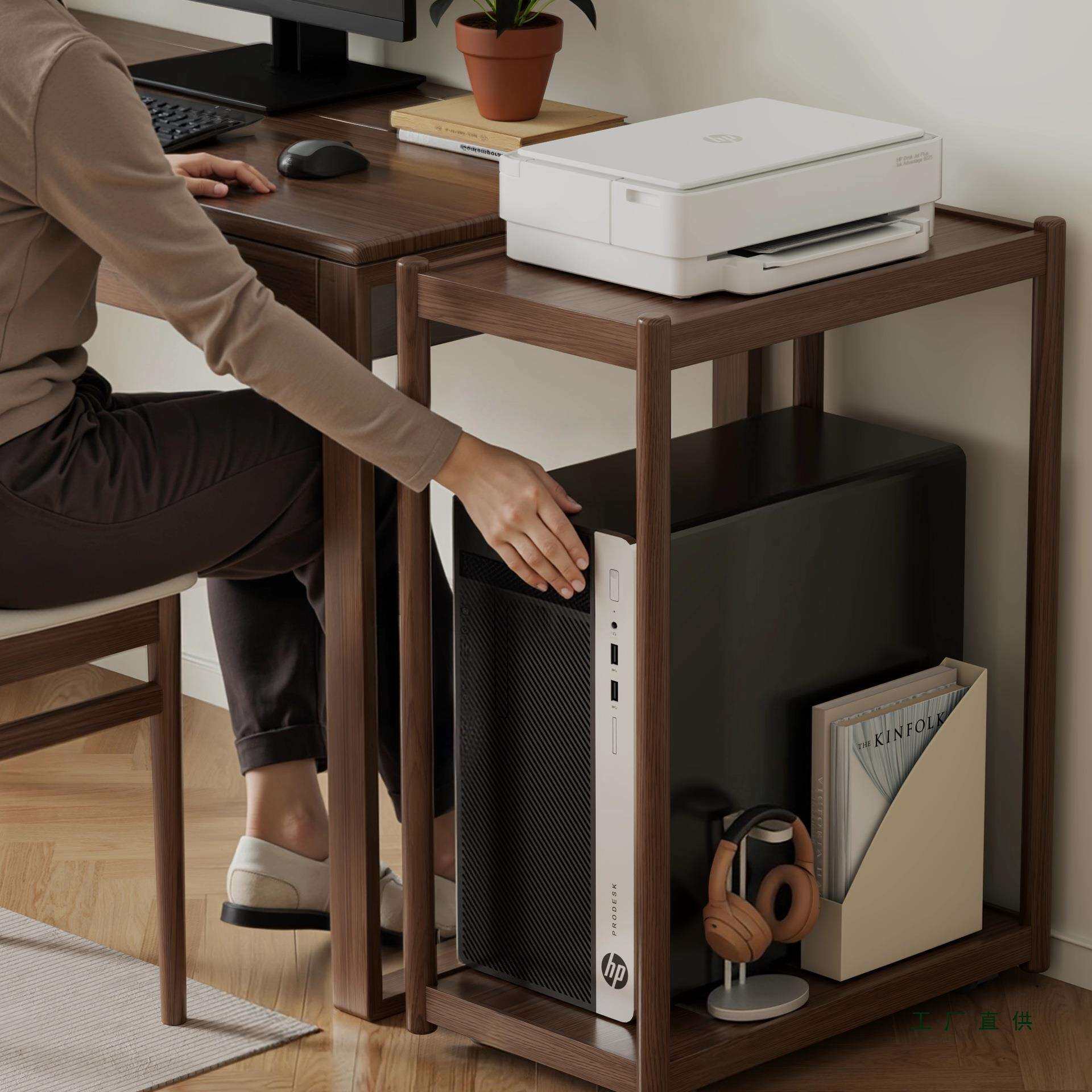 电脑主机托架打印机放置柜实木台式底座双层移动机箱支架置物架