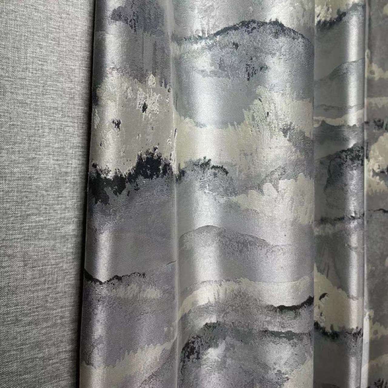 轻奢新中式山水窗帘面料大理石纹现代风格面料可成品窗帘高温定型