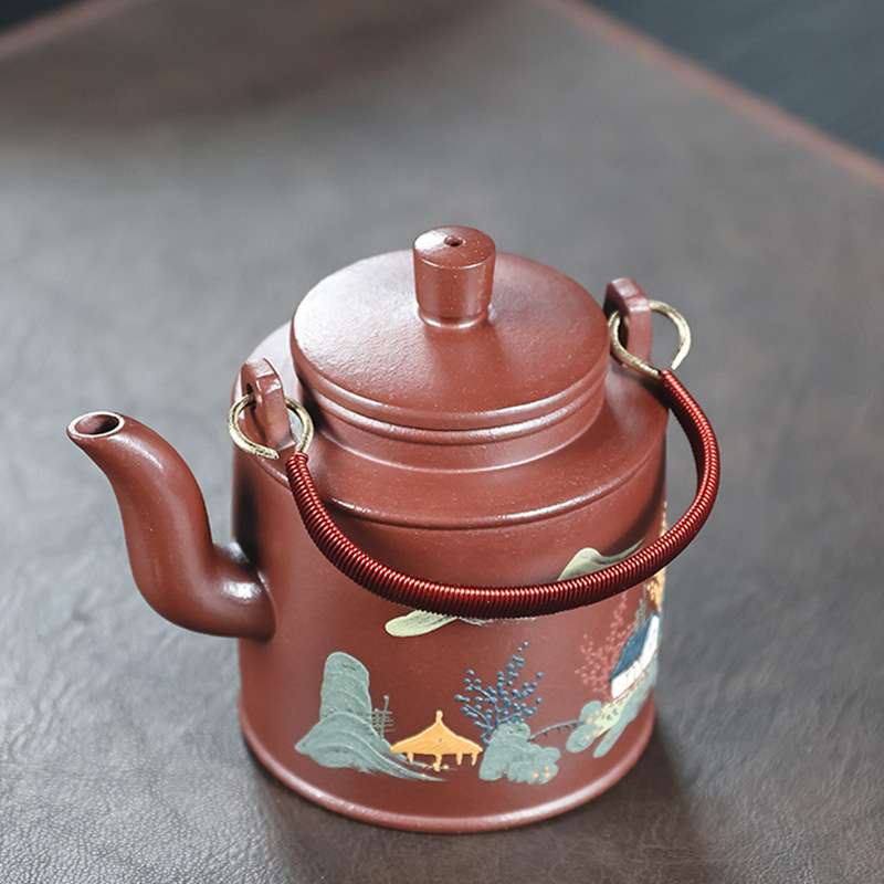 提梁洋桶 宜兴全手工紫砂泥绘茶壶 家用紫砂壶 原矿紫泥茶具单壶