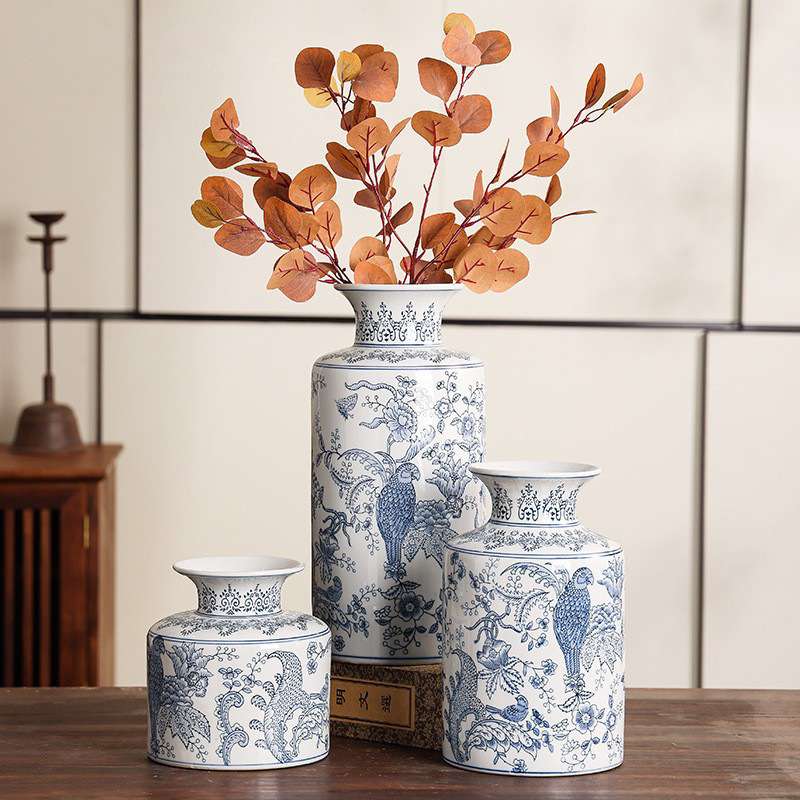 青花瓷花瓶客厅摆件新中式插花古典陶瓷美式装饰复古玄关瓷器冬青