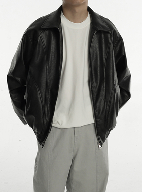 AWT24秋冬新款 水洗哑光质感  宽松休闲夹克翻领复古皮衣外套男女