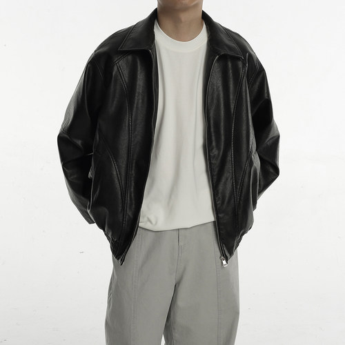 复古水洗质感PU皮夹克