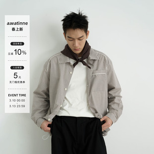 AWT25AW 细格纹撞色嵌条 简约轻复古休闲宽松抽绳长袖衬衫男女
