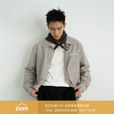 AWT25AW 细格纹撞色嵌条 简约轻复古休闲宽松抽绳长袖衬衫男女