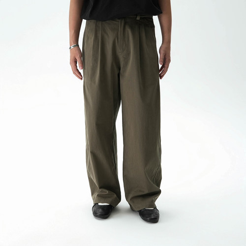 棉锦混纺双褶宽松直筒裤