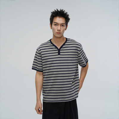 夏日V领纯棉条纹宽松T恤