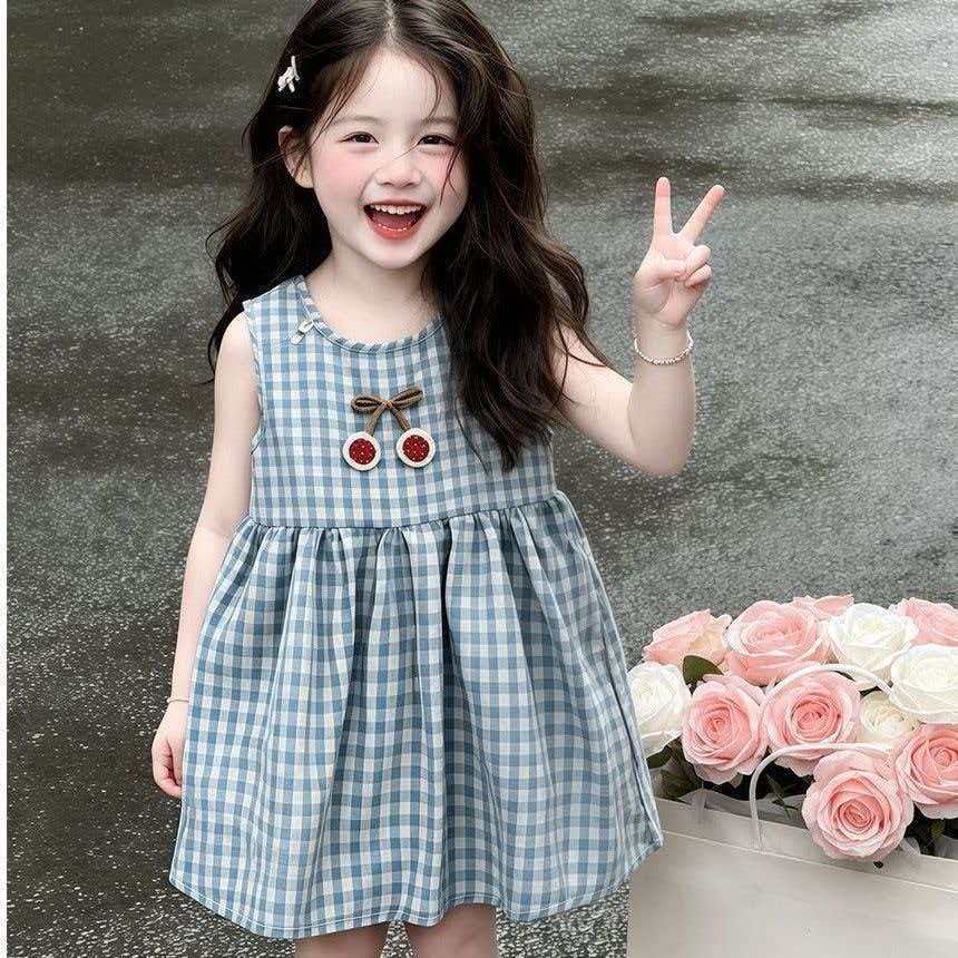 女童森系格子樱桃背心连衣裙夏季
