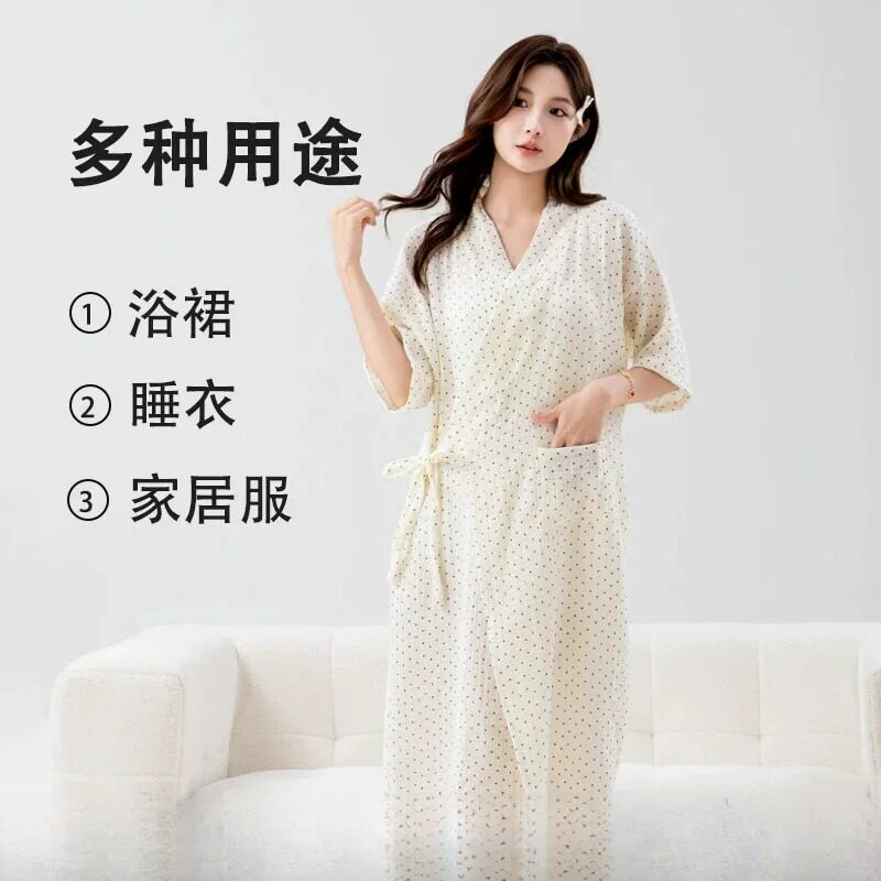 纯棉夏季宽松女士系带浴袍双层