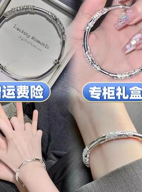 纯银繁花似锦手镯女s足银实心小众推拉镯子送女友妈妈生日礼物