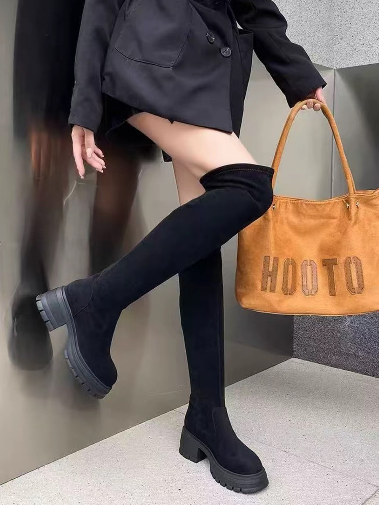 038#韩版圆头过膝长靴女百搭弹力瘦瘦靴时尚厚底高筒靴潮