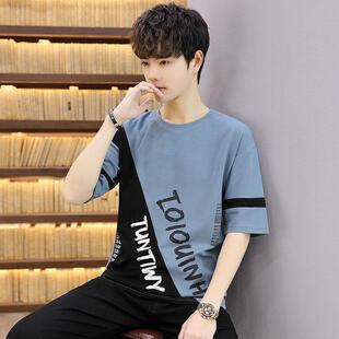 夏季新款男士短袖T恤韩版潮牌青少年半袖上衣学生五分袖体恤衫