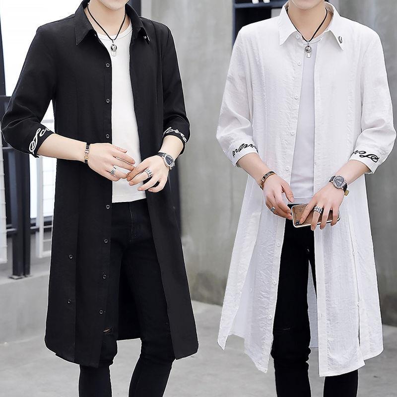 中国风仿棉麻刺绣风衣男韩版长款过膝大衣男装薄款春夏防晒服外套