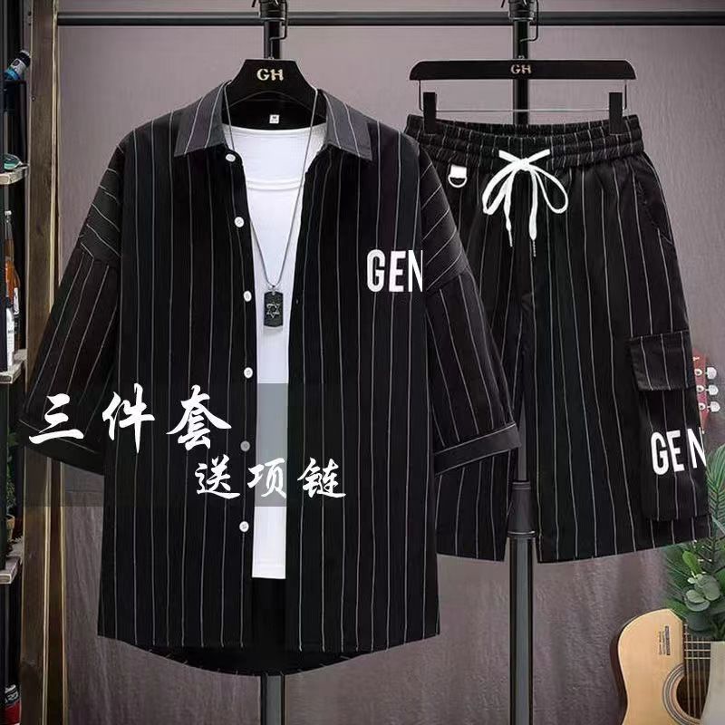 夏季休闲衬衫套装男条纹短袖短裤一套时尚潮牌宽松学生青少年衣服