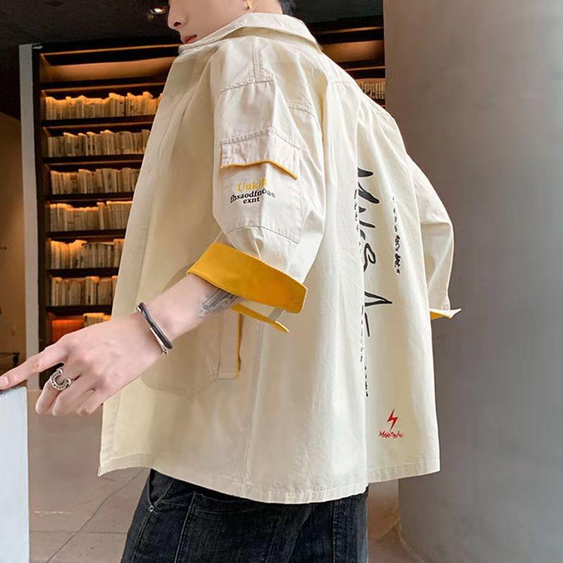 纯棉衬衫短袖男士休闲潮流韩版宽松七分袖青少年衬衣夏季衬衫外套
