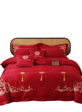 0婚庆棉10CGL22-Ys支长绒棉四套大红色刺绣被套全件棉1.8纯m结婚