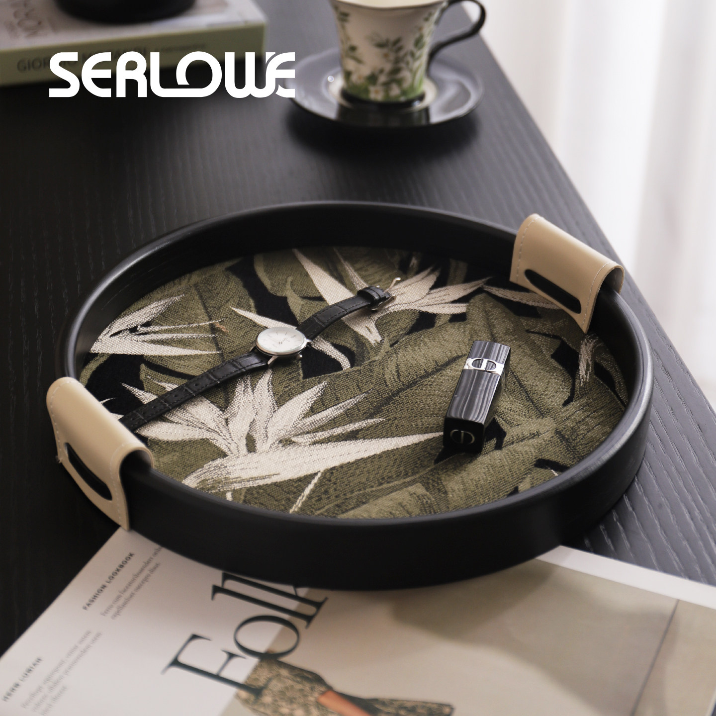 晟洛中古印花木质托盘家用钥匙首饰杂物高级感皮革收纳盘装饰摆件