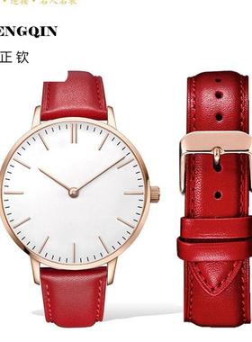 朗动表带 适用于dw手表表带真皮红色复古皮质表带小方表28mm表链