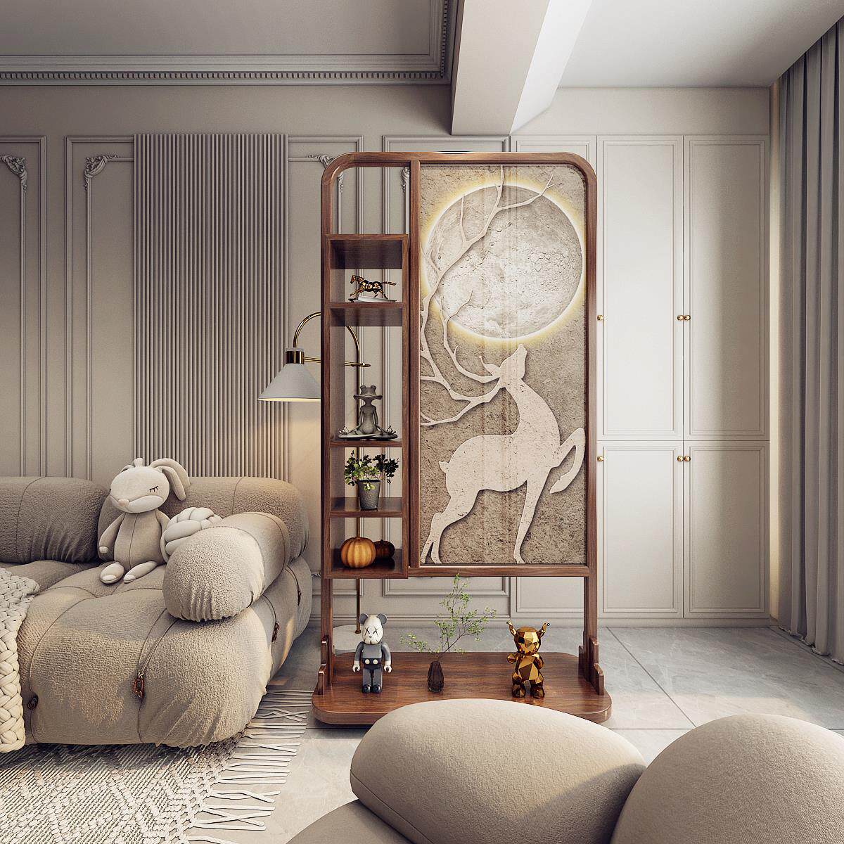 美式屏风隔断实木客厅入户门玄关遮挡家用欧式装饰福鹿置物架座屏