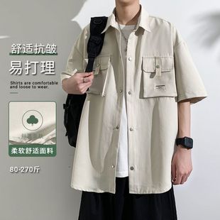 男夏季 工装 五分半袖 短袖 衬衣加肥加大码 薄款 衬衫 潮流港风ins薄款