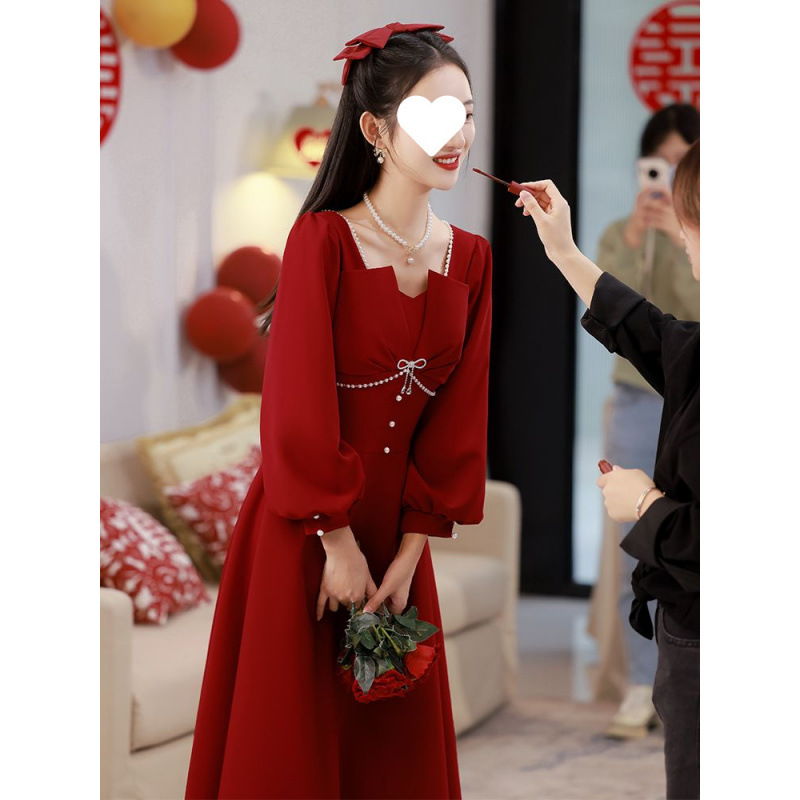 敬酒服新娘2024新款红色夏季长袖订婚礼服女小个子连衣裙平时
