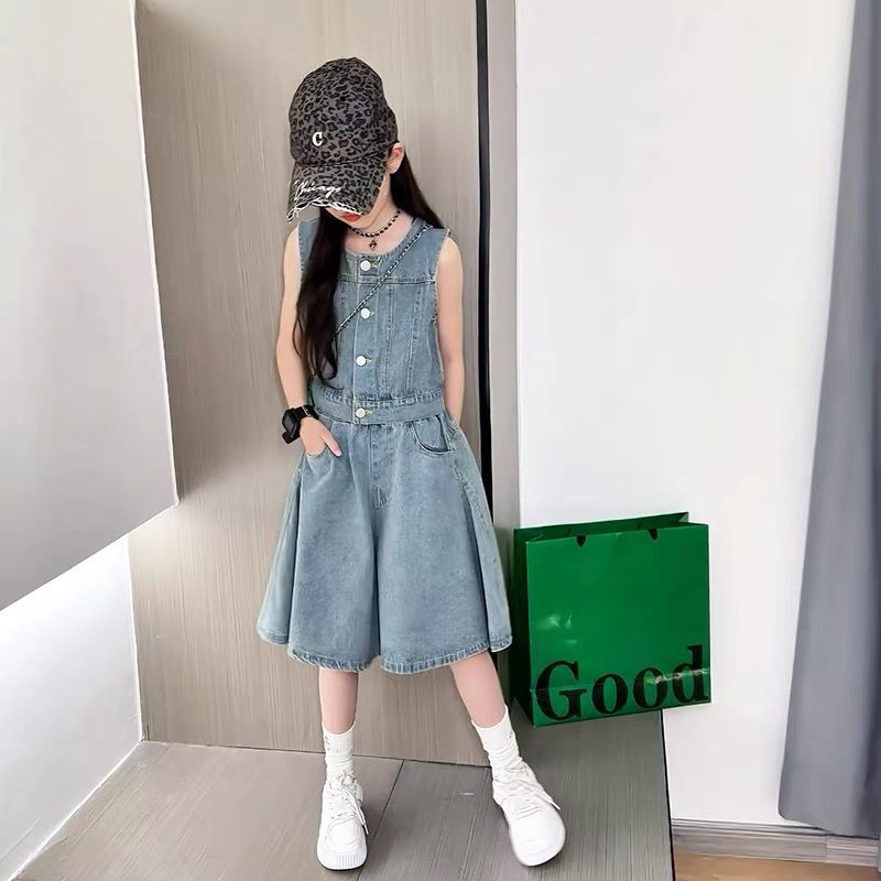 女童夏装套装2025新款中大童洋气牛仔马甲时髦短裤裙摆夏季