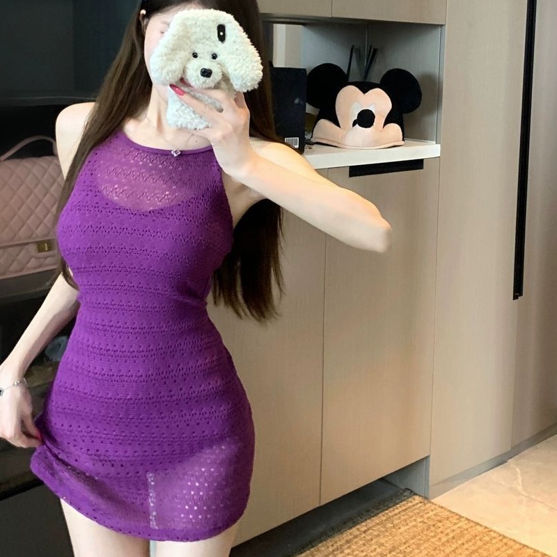 绝美紫色连体泳衣女2025夏新款镂空挂脖小胸聚拢露背性感显瘦