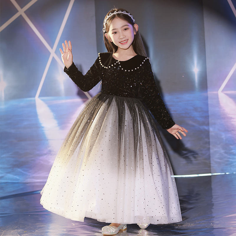 黑色演出服儿童公主裙生日高端钢琴演奏主持人礼服女童晚礼服