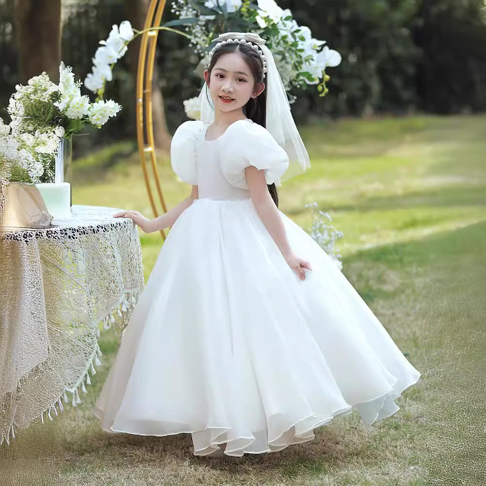 儿童礼服白色女童公主裙洋气婚纱走秀花童婚礼小女孩钢琴演出服