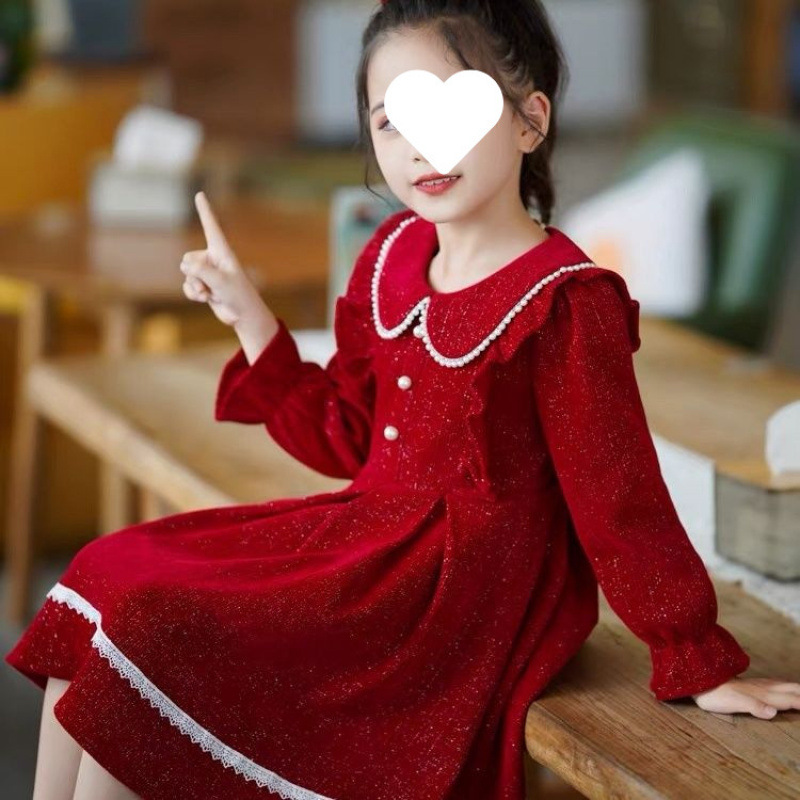 女童礼服高端秋冬儿童红色公主裙花童婚礼小女孩钢琴演出服