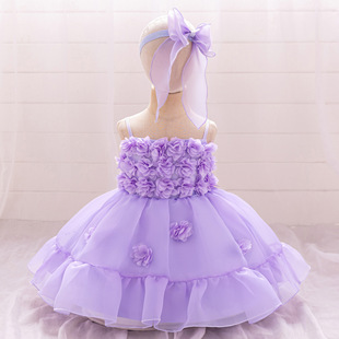 兒童禮服公主裙立體花吊帶鍛布花童婚紗派對禮服寶寶周歲 新款