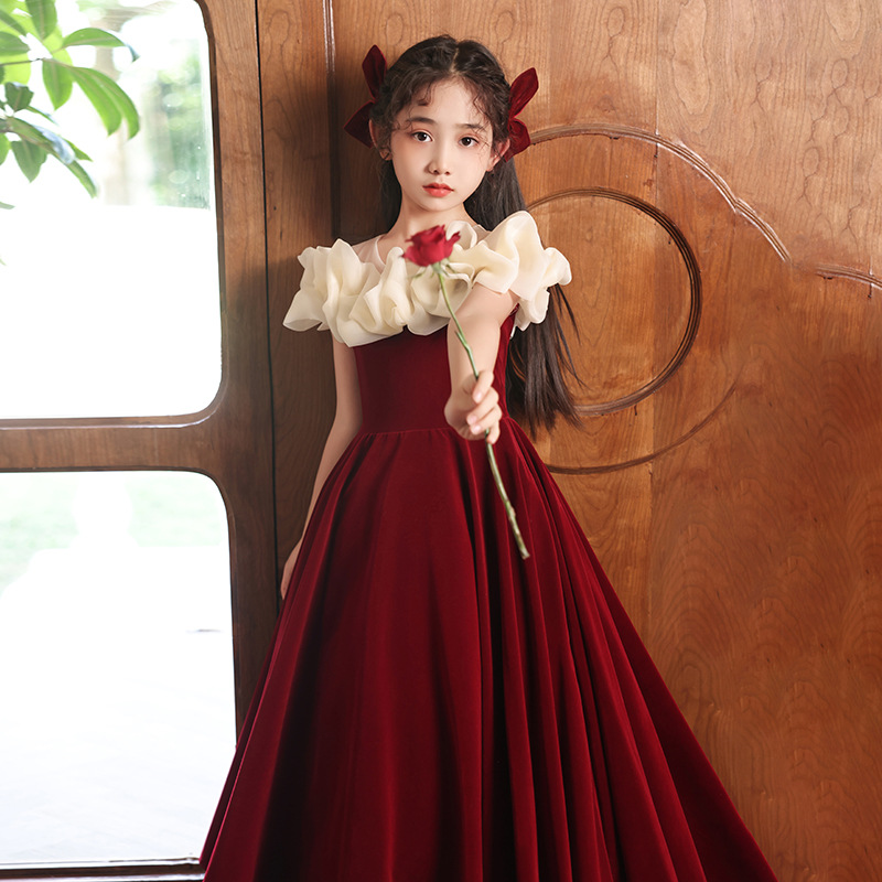 女童礼服红色花童婚礼小女孩生日公主裙儿童高端主持人钢琴