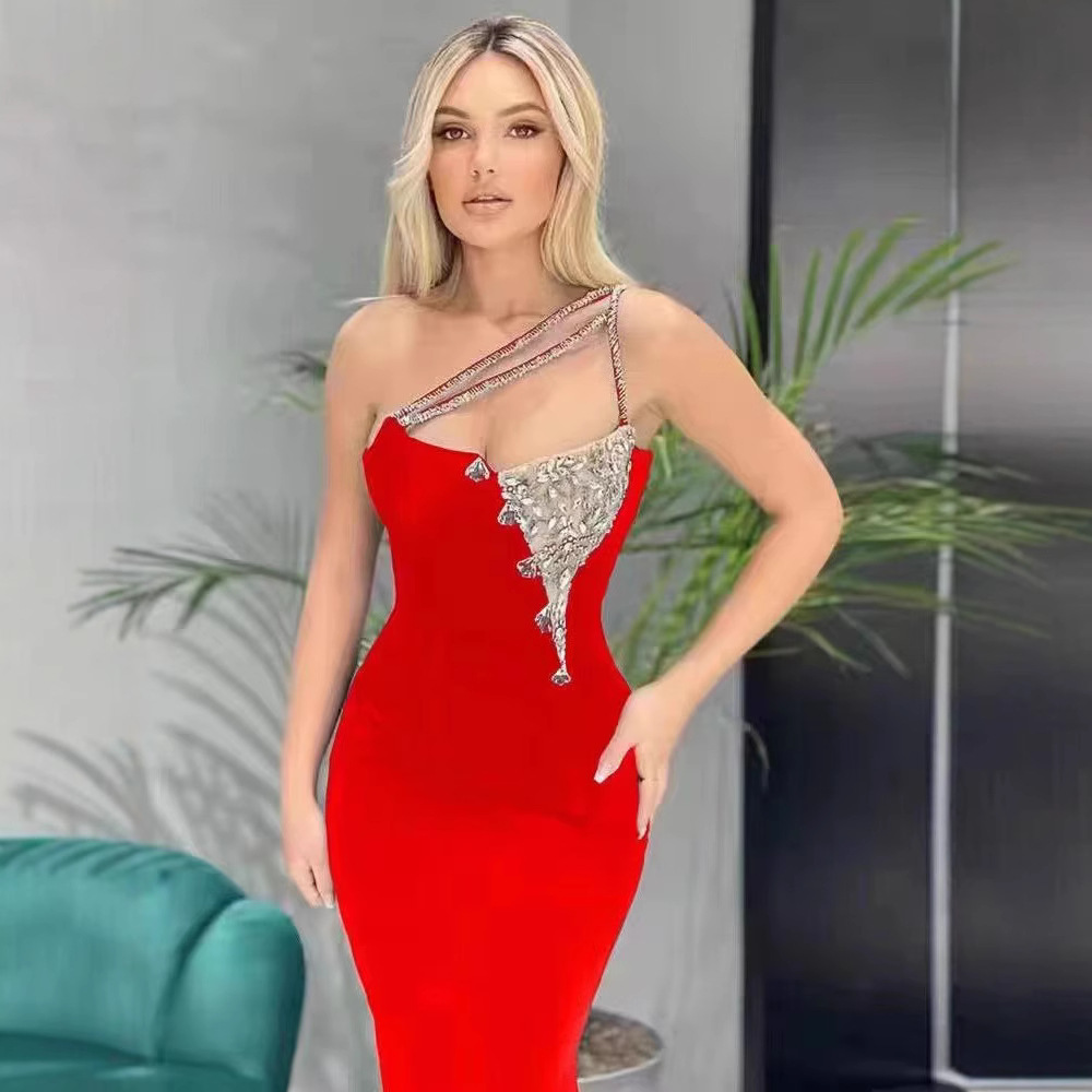 2022欧美跨境闪亮水钻挂脖性感包臀短款连衣裙礼服Bandage dress