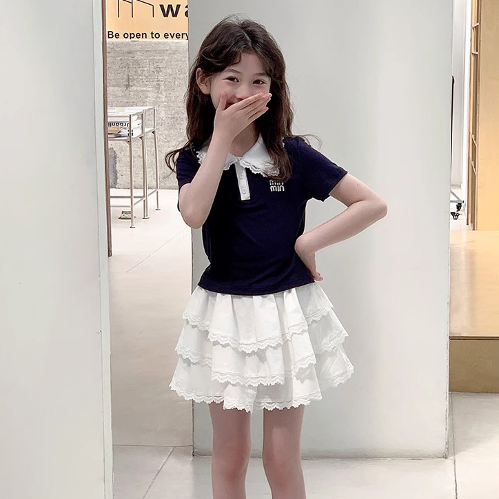 学院风蕾丝拼接女童套装裙裤2025夏装新款儿童短袖两件套裤子时髦