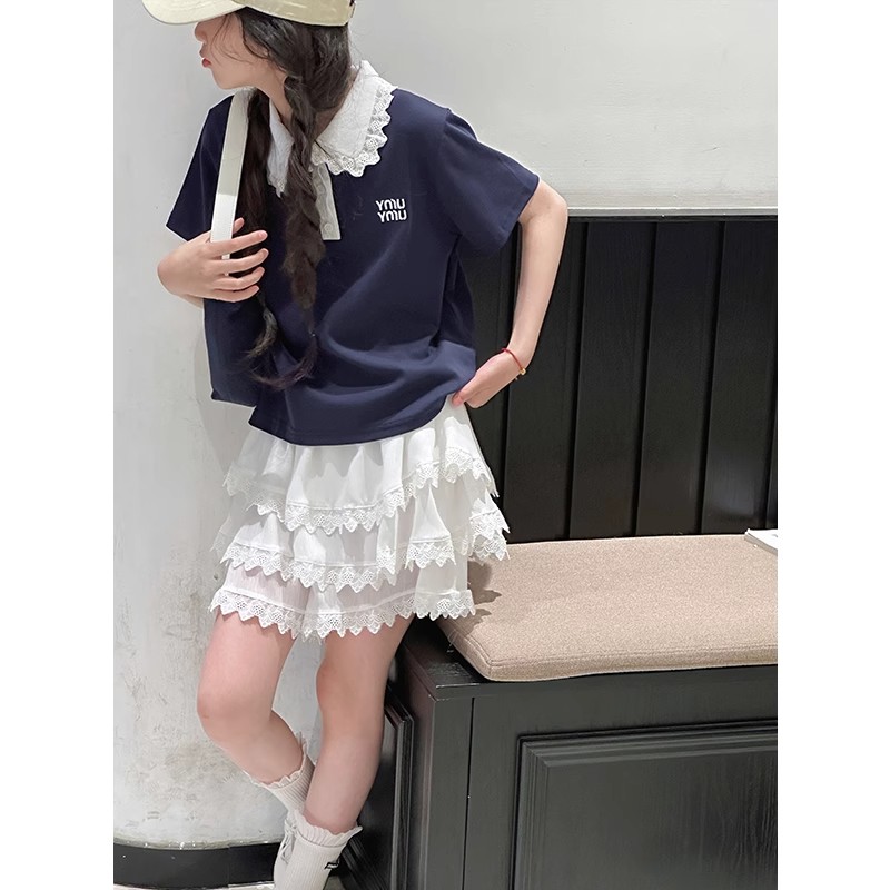 学院风蕾丝拼接女童套装裙裤2025夏装新款儿童短袖两件套裤子时髦