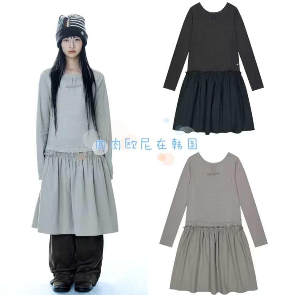 现货coyseio 25秋冬新款韩国少女风褶皱木耳边拼接圆领长袖连衣裙