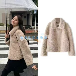 现货ounce 25秋冬新款韩系软糯羊羔毛皮毛一体翻领拉链保暖外套女