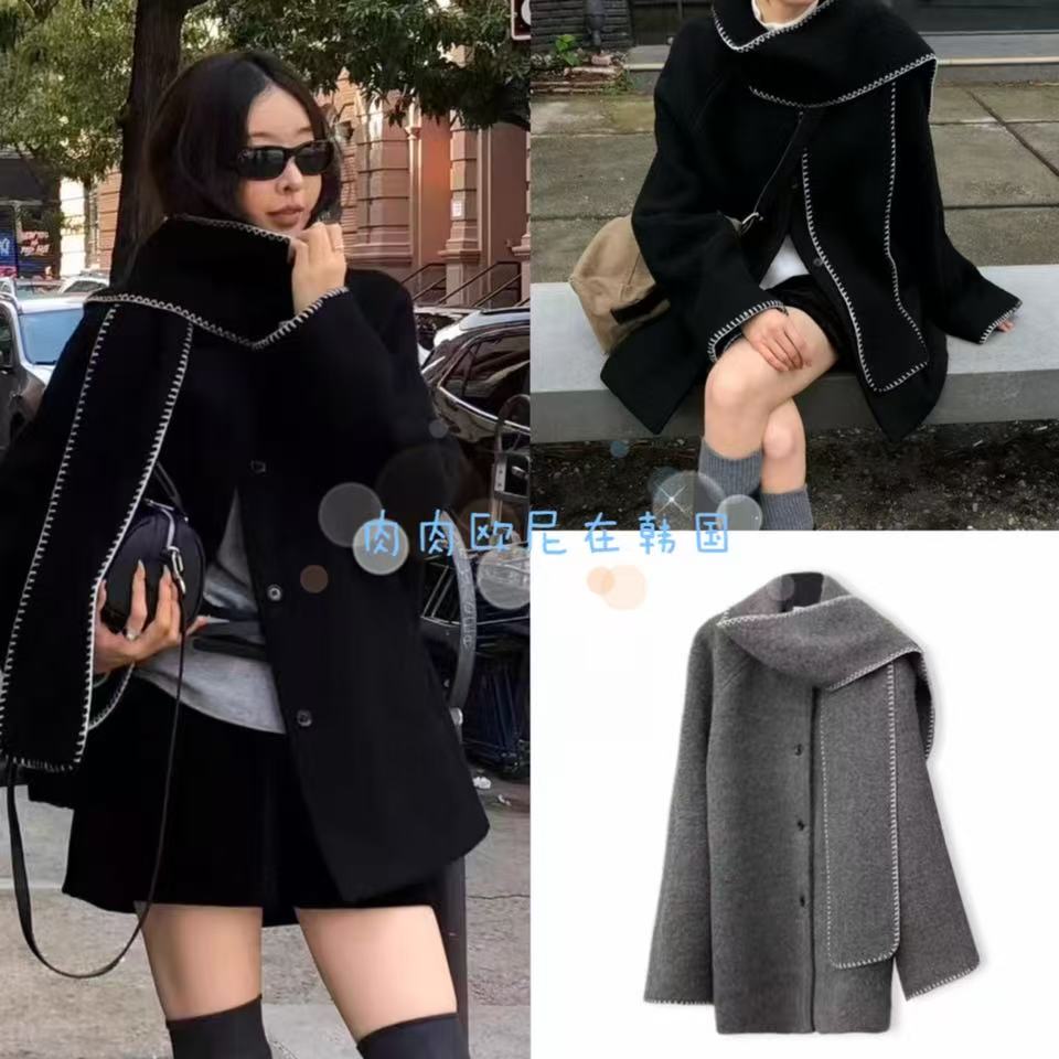 现货 atmosphere 2025新款韩国气质设计感明线锁边围巾大衣外套女