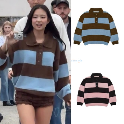 撞色条纹翻领针织衫jennie同款